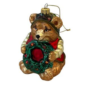 NEW Fitz & Floyd Glass Bear w/ Wreath Christmas Classics Lodge Ornament